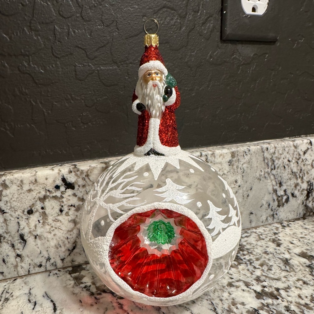 Christopher Radko Huge Clear Frosted Reflector Ornament with Santa on Top EUC